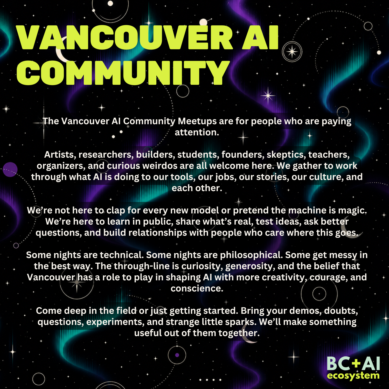 Vancouver AI Community text card inviting artists, researchers, builders, skeptics, teachers, organizers, and curious people to gather.