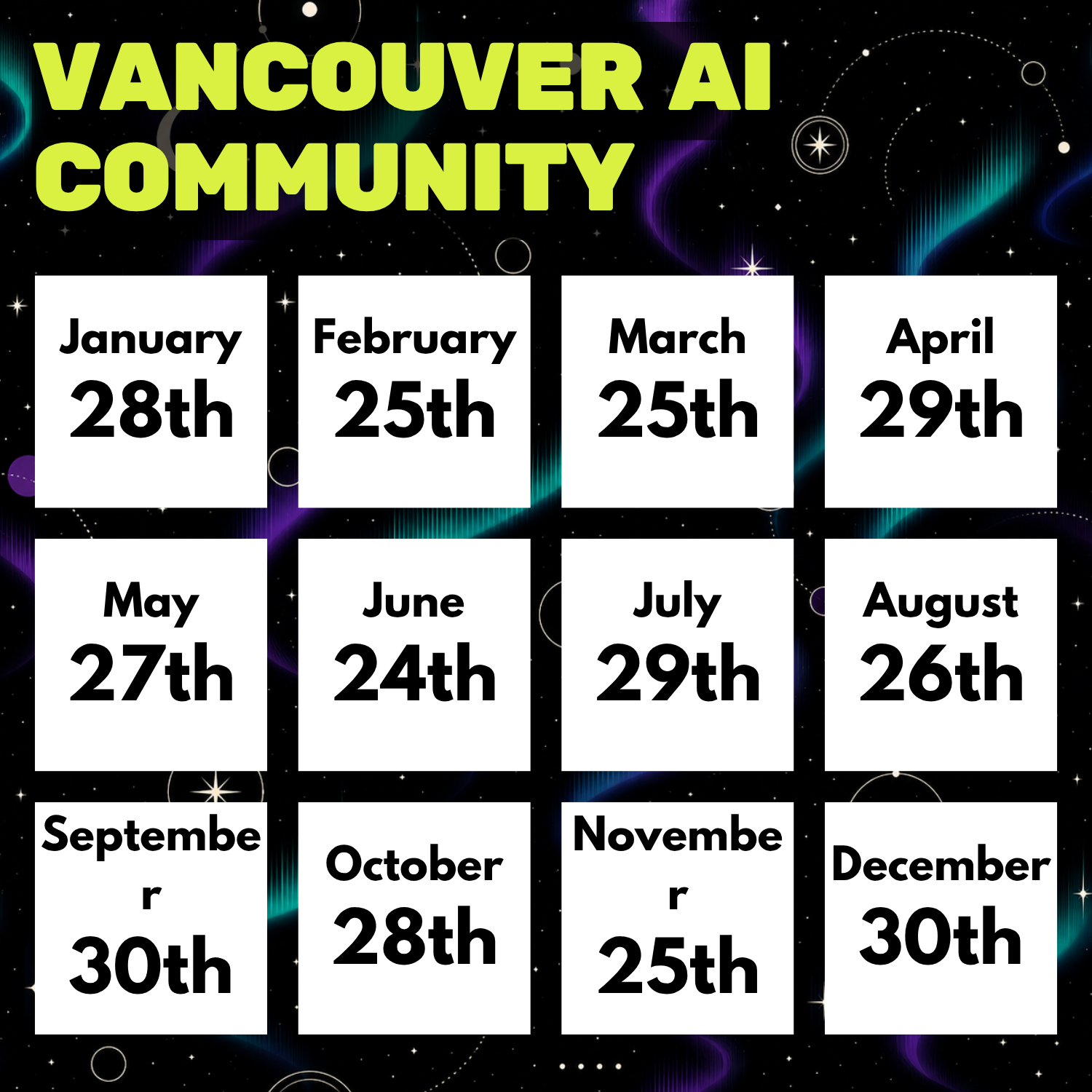 Calendar card listing 2026 Vancouver AI community meetup dates, including June 24.