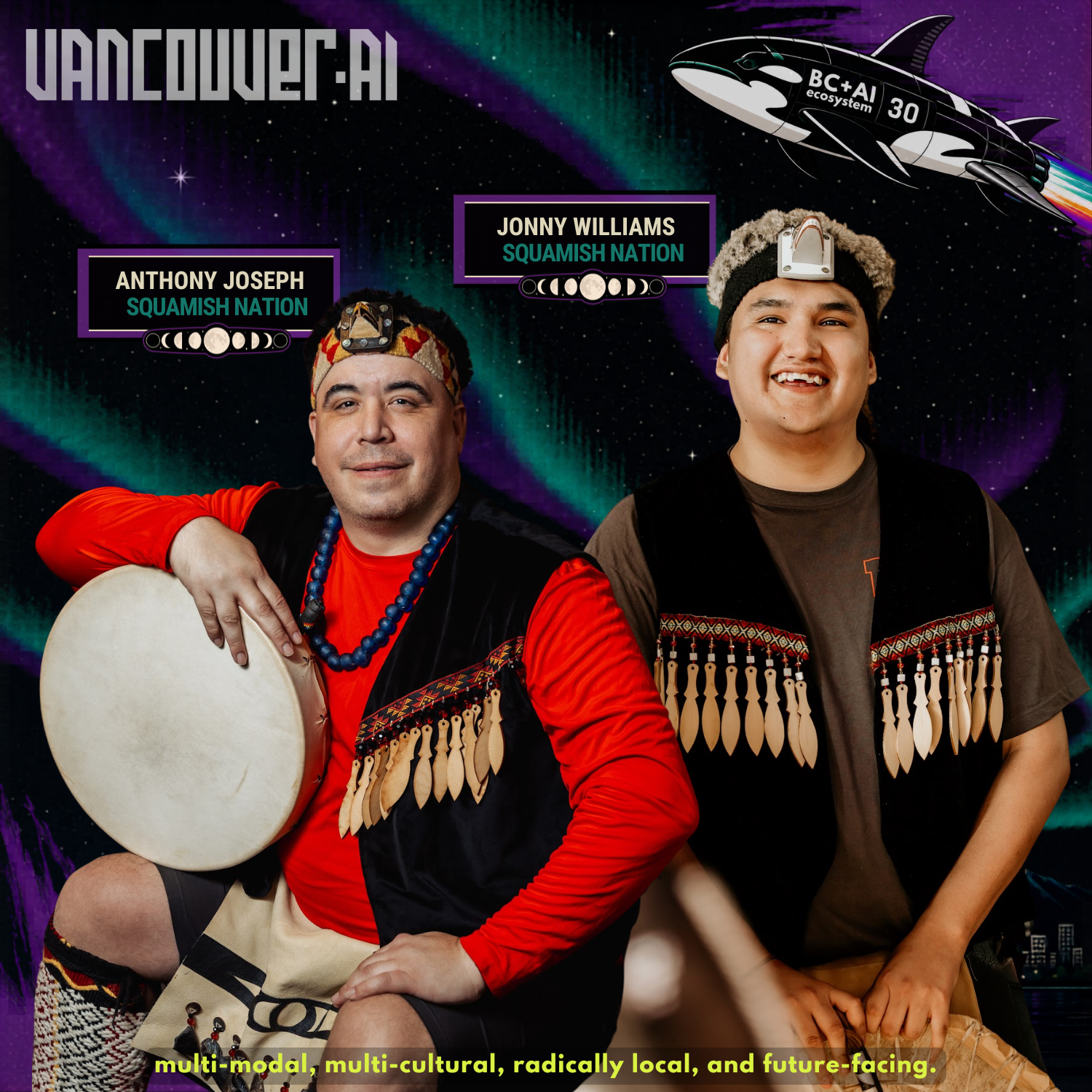 Anthony Joseph and Jonny Williams from Squamish Nation on a Vancouver AI Meetup #30 speaker card.