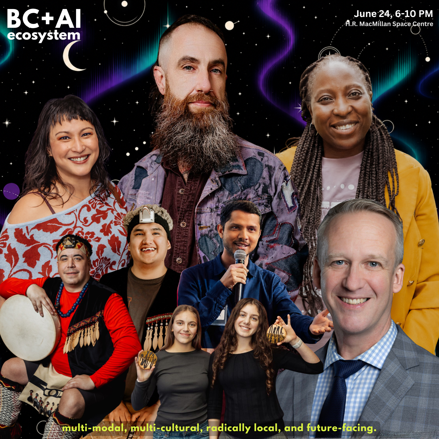 Group collage for Vancouver AI Meetup #30 featuring Rick Glumac, Anthonia Ogundele, Mayumi Rollings, Kris Krüg, Kushal Goenka, Squamish Nation guests, and Slapd Treats.