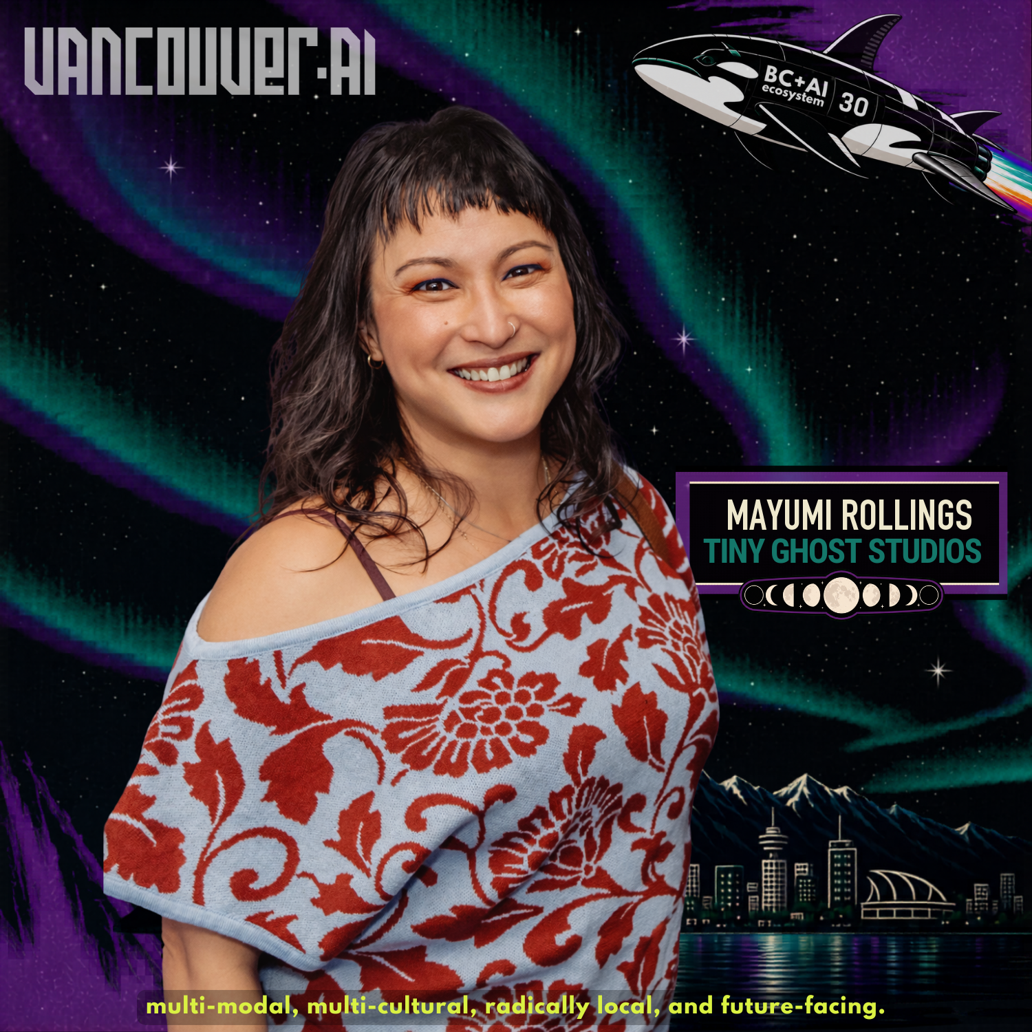 Mayumi Rollings from Tiny Ghost Studios on a Vancouver AI Meetup #30 speaker card.