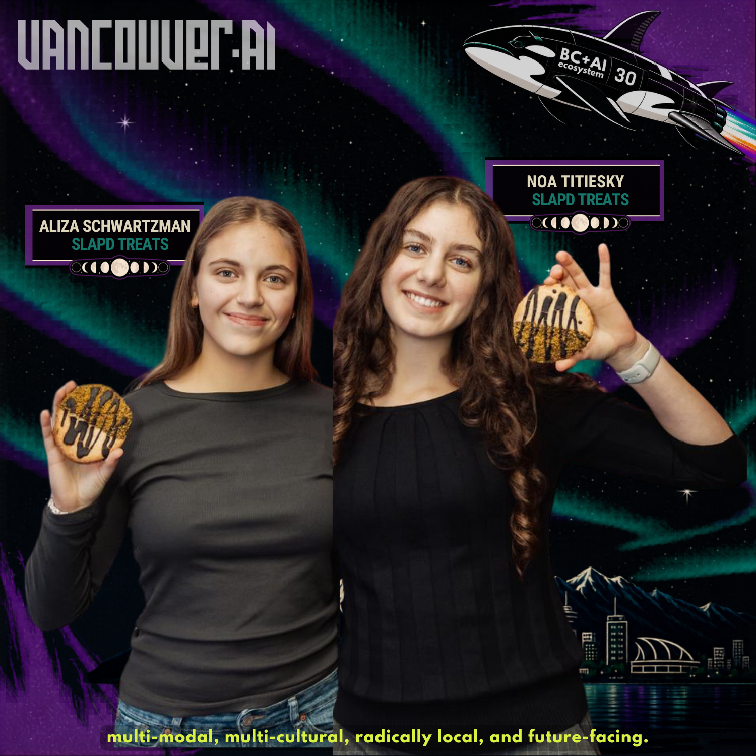Aliza Schwartzman and Noa Titiesky from Slapd Treats on a Vancouver AI Meetup #30 community card.
